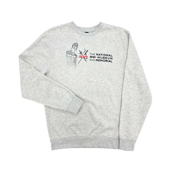 Off white crewneck sweatshirt
with the Centennial Logo for the National WWI Museum and Memorial with a guardian from the Liberty Memorial to the left of it.