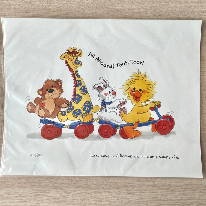 Collectible Little Suzy's Zoo All Aboard Baby Animals Poster Witzy’s Train Ride Wall Art Print Limited Edition Vintage 2000 - Duck Bear Bunny Giraffe - Room Decor