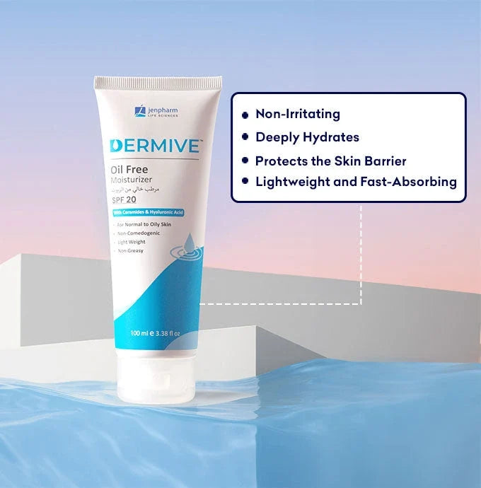 Tube of Dermive oil-free moisturizer with features listed on a gradient background