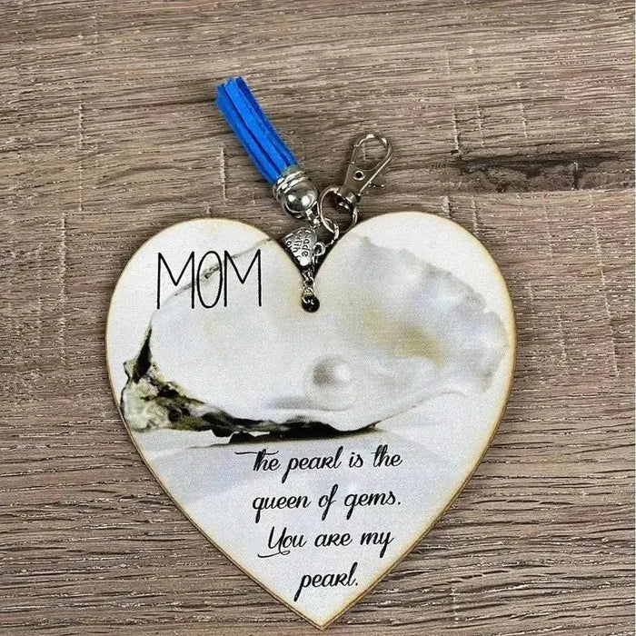 Wooden heart key tag with blue tassel for mom, 10cm size