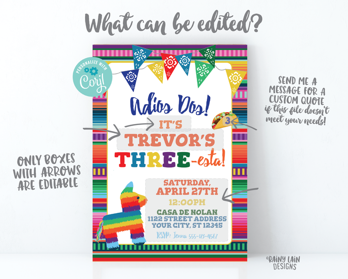 Adios Dos Invitation, Boy Three esta Invitation, 3rd Birthday Fiesta Invitation, Three-esta Birthday Invitation, Cactus, Serape, THREEesta