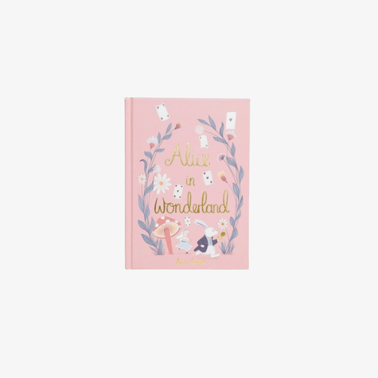 Pink book with 'Alice in Wonderland' design on a white background