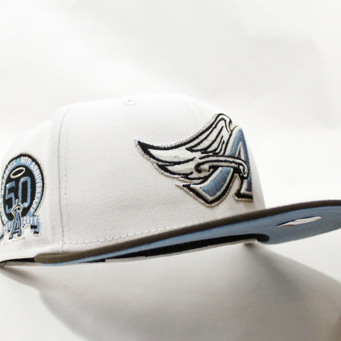 Anaheim Angels 50 Year Anniversary New Era 59Fifty Fitted Hat (GITD White Brown Sky Blue Under Brim)