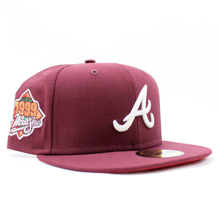 Atlanta Braves 1999 World Series New Era 59Fifty Fitted Hat (Glow in the Dark Logo Maroon Red Under Brim)