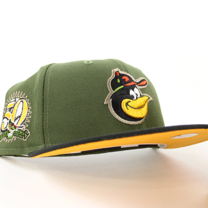 Baltimore Orioles 50TH ANNIVERSARY 59Fifty New Era Fitted Hat (RIFLE GREEN BLACK REG GOLD Under Brim)