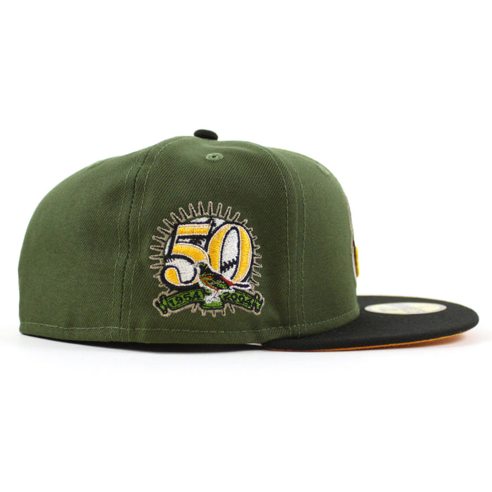 Baltimore Orioles 50TH ANNIVERSARY 59Fifty New Era Fitted Hat (RIFLE GREEN BLACK REG GOLD Under Brim)