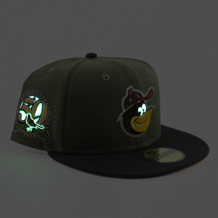 Baltimore Orioles 50TH ANNIVERSARY 59Fifty New Era Fitted Hat (RIFLE GREEN BLACK REG GOLD Under Brim)