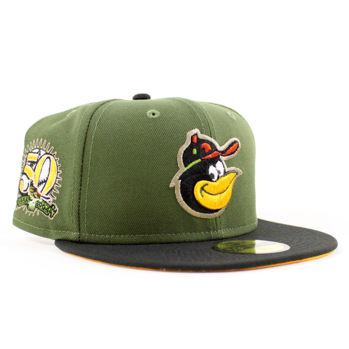 Baltimore Orioles 50TH ANNIVERSARY 59Fifty New Era Fitted Hat (RIFLE GREEN BLACK REG GOLD Under Brim)