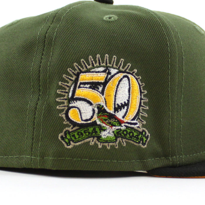 Baltimore Orioles 50TH ANNIVERSARY 59Fifty New Era Fitted Hat (RIFLE GREEN BLACK REG GOLD Under Brim)
