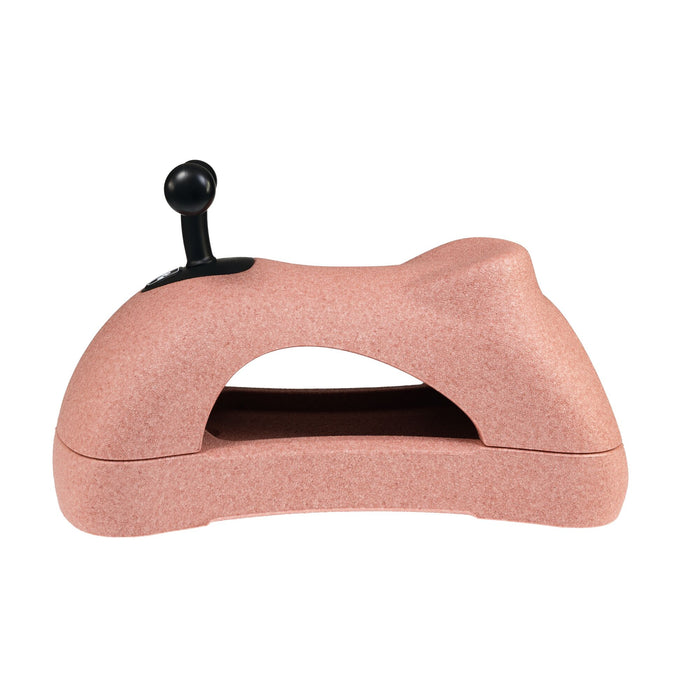 The Boogie Buggy | Pink is an arch-shaped toddler walker in pink, featuring a black lever on top. Made from EPP foam, its modern, minimalist design is showcased against a white background.