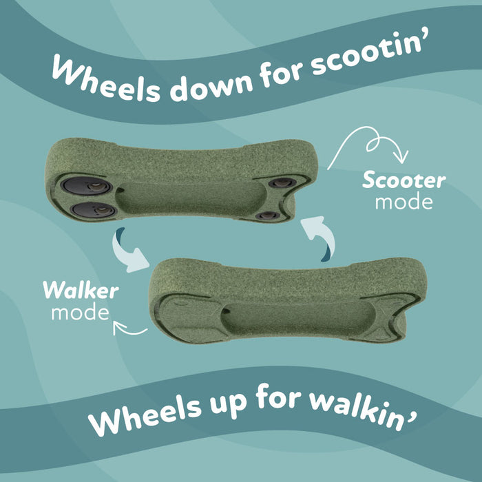 Two green Boogie Buggy | Sage devices are shown: one as a toddler walker with wheels up (Walker mode), one as a scooter with wheels down (Scooter mode). Text: "Wheels down for scootin’, Wheels up for walkin’" on a blue wavy background.