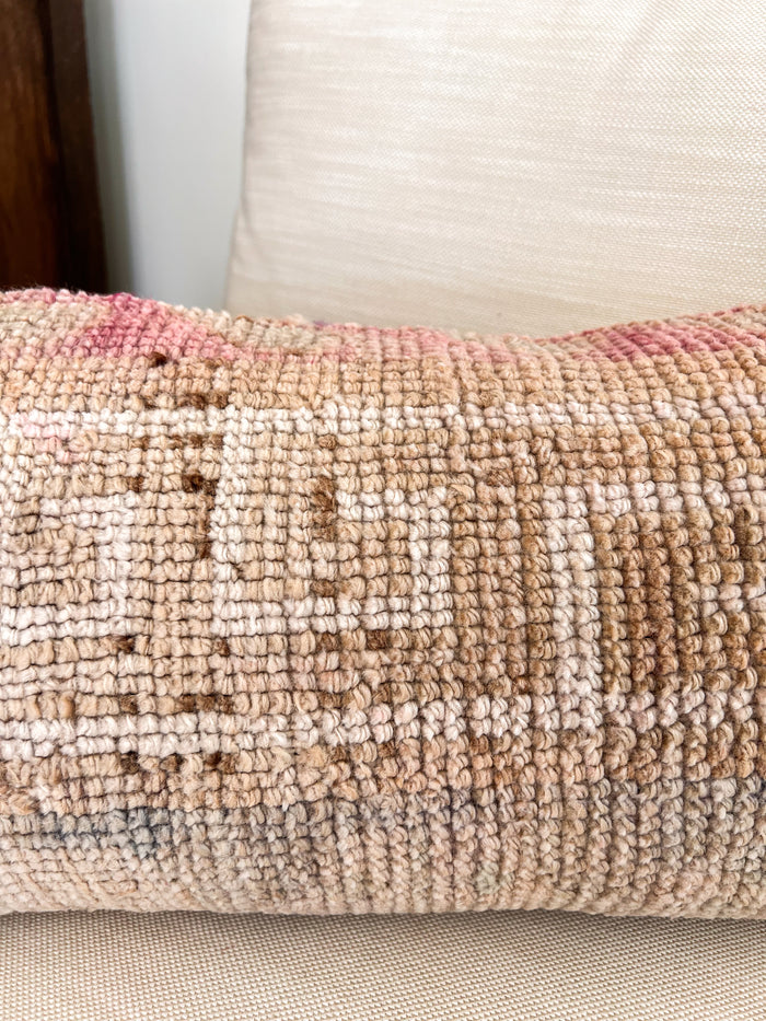 Handmade Turkish oushak pillow cover made with vintage rugs 12x24 pastel