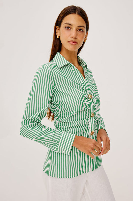 Caralyn Button-Up Shirt in Cotton Poplin With Collar, Long Sleeves, Gathered Waist, and Molded Sun Front Buttons in Emerald Stripe Colorway - Upper Body Front View Featured on Model