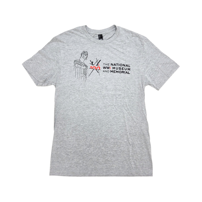 Light gray tshirt with the Centennial Logo for the National WWI Museum and Memorial with a guardian from the Liberty Memorial to the left of it.