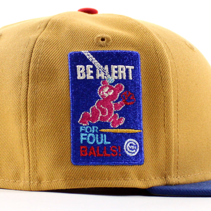 Chicago Cubs be Alert For Foul Balls New Era 59Fifty Fitted Hat (Panama Tan Song Bird Blue Gray Under Brim)