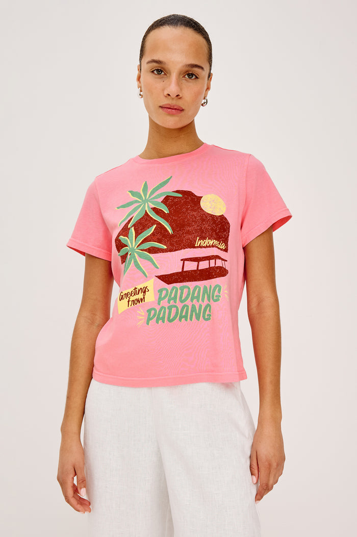 Classic Crew Neck T-Shirt in Pima Cotton With Relaxed FIt and Short Sleeves in Padang Colorway - Upper Body Front View Featured on Model