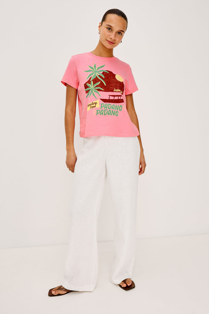 Classic Crew Neck T-Shirt in Pima Cotton With Relaxed FIt and Short Sleeves in Padang Colorway - Full Body Front View Featured on Model