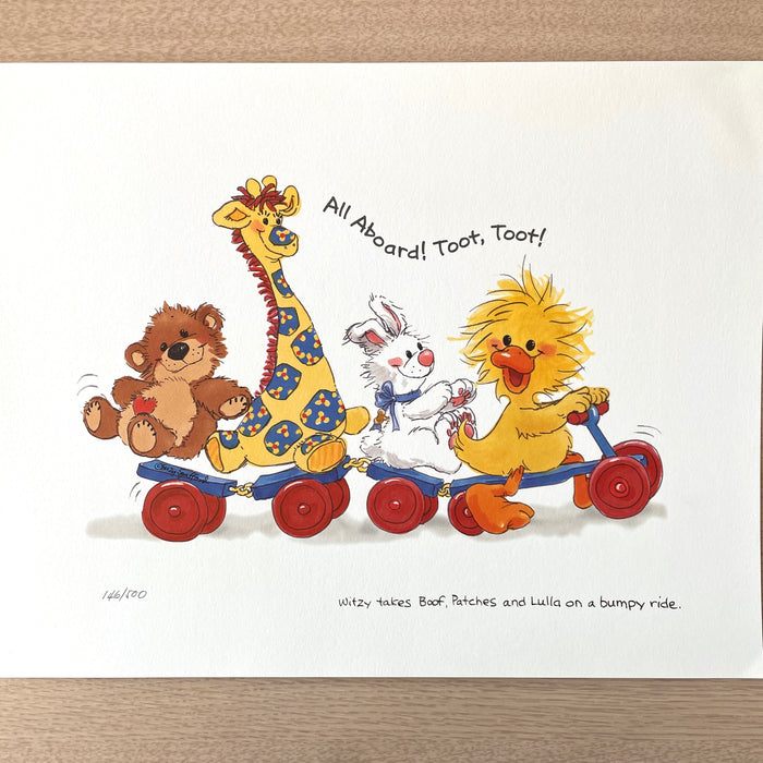 Collectible Little Suzy's Zoo All Aboard Baby Animals Poster Witzy’s Train Ride Wall Art Print Limited Edition Vintage 2000 - Duck Bear Bunny Giraffe - Room Decor