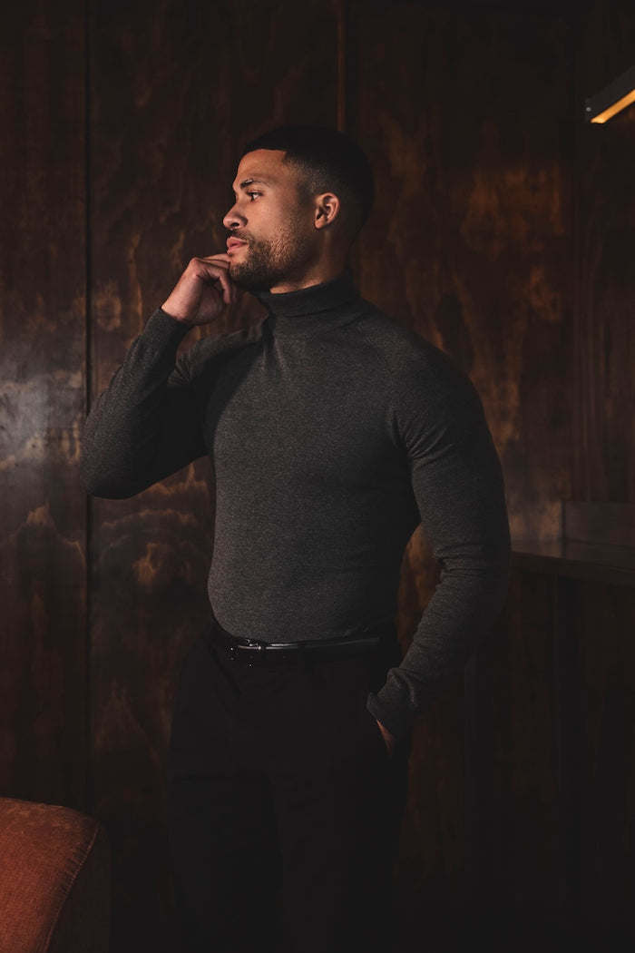 Cotton Blend Roll Neck Sweater in Charcoal - TAILORED ATHLETE - USA