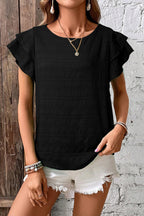 Dark Green Textured Ruffled Sleeve Round Neck Top