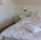 Bedroom with a bed featuring pink bedding and pillows, wall lamp, and light-colored walls.