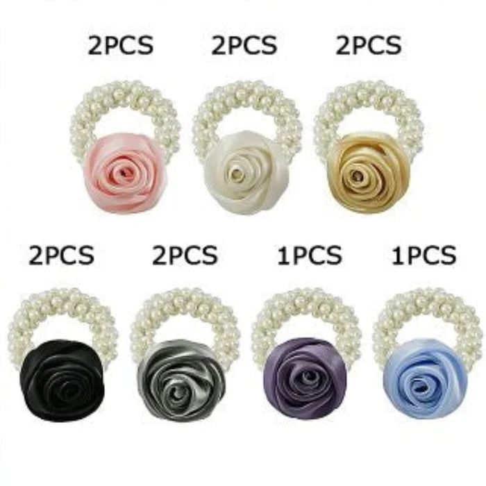 Elegant Satin Rose & Pearl Elastic Hair Scrunchie - Romantic Floral Wristlet (RB-51265M)
