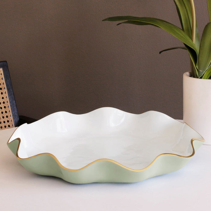 Beatriz Ball Encanto Carola Large Round Platter — Close angled view of the undulating gold-tone rim