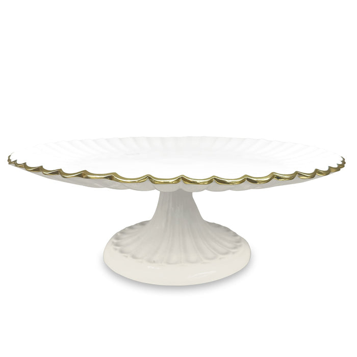 Beatriz Ball Encanto Vienna Pedestal Cake Plate — Cream-and-white cake stand isolated on white