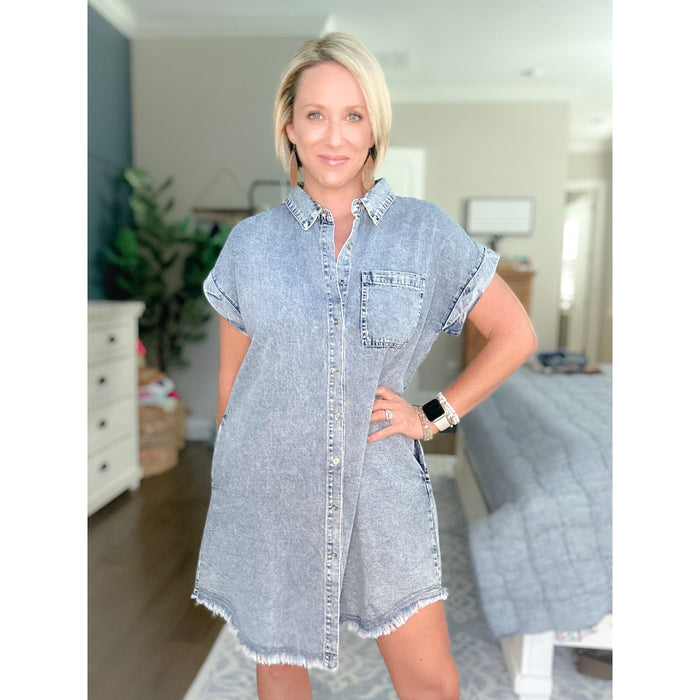 Frayed Hem Denim Shirt Dress