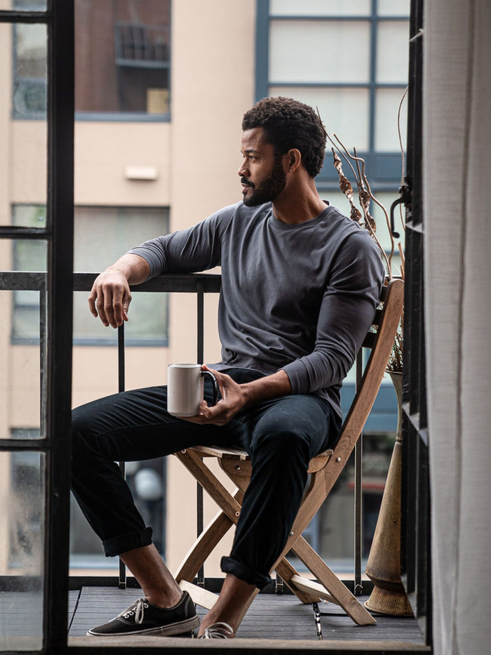 Jarrett is 6', 168lbs and wears a size M # Graphite Long Sleeve Crew Neck Lifestyle Size Medium | Fresh Clean Threads