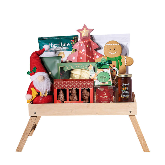 Holiday Gift Tray with Plush Santa, Jasmine Tea & Cookies – gift basket with mr. claus plushie, boss white chocolate caramel pretzel popcorn