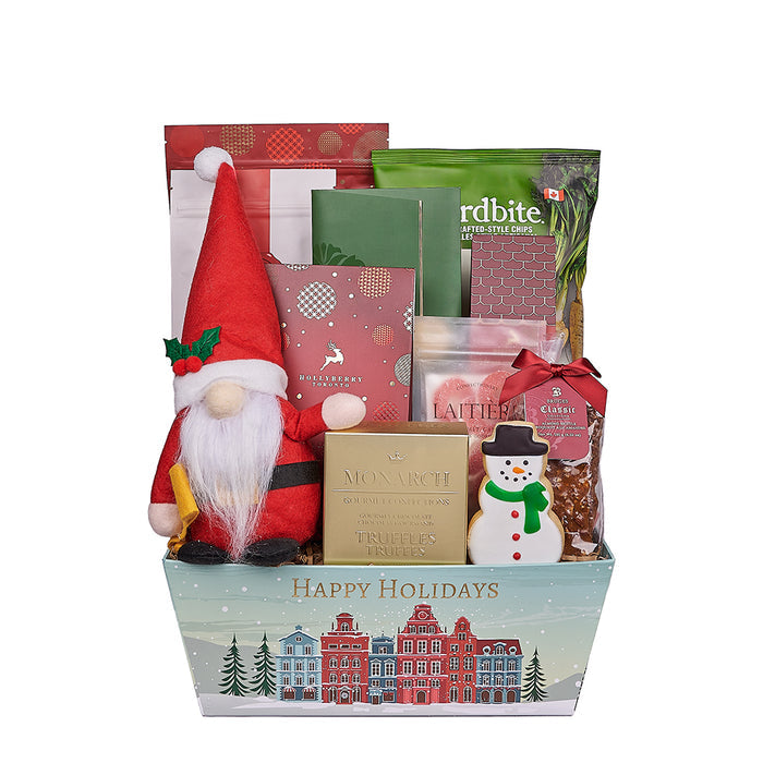 Holiday Market Tray Christmas Gift Basket with Gourmet Chocolates – gift basket with hollyberry white chocolate peppermint popcorn, hardbite eat your