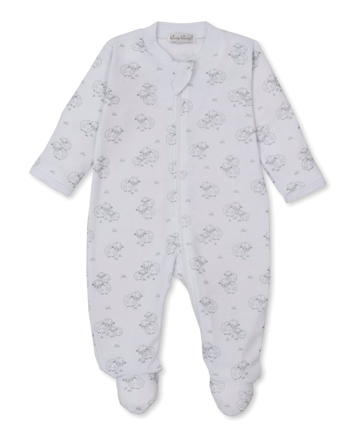 Kissy Kissy Print Zip Footie in Silver Sweet Sheep