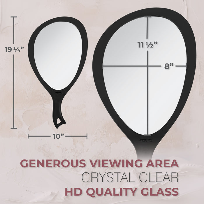 Zadro ZHSL1BLK 705004424837 product photo front view with dimensions on textured background, new large teardrop handheld mirror with hanging handle in front of a white background
