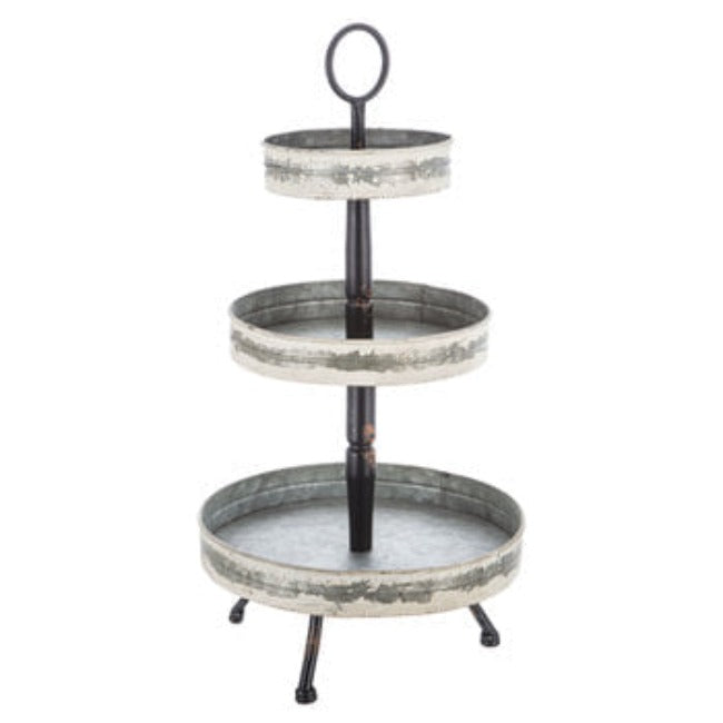 Large Unique Farmhouse Three 3 Tiered Decorative Metal Tray Display Stand 25"H x 13"W Distressed White Metallic