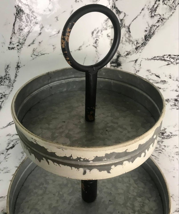 Large Unique Farmhouse Three 3 Tiered Decorative Metal Tray Display Stand 25"H x 13"W Distressed White Metallic
