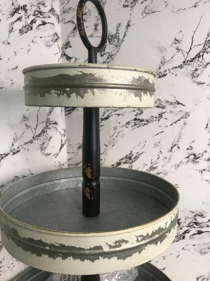 Large Unique Farmhouse Three 3 Tiered Decorative Metal Tray Display Stand 25"H x 13"W Distressed White Metallic