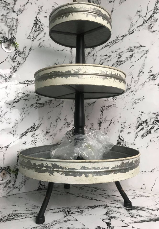 Large Unique Farmhouse Three 3 Tiered Decorative Metal Tray Display Stand 25"H x 13"W Distressed White Metallic
