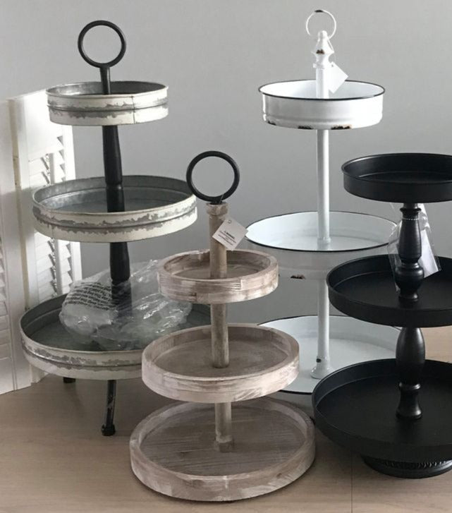 Large Unique Farmhouse Three 3 Tiered Decorative Metal Tray Display Stand 25"H x 13"W Distressed White Metallic