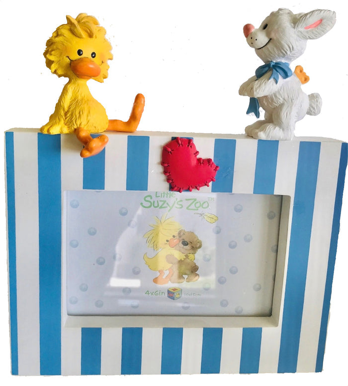 Little Suzy's Zoo Witzy Duck & Lulla Bunny Baby Animals Nursery Keepsake Photo Frame for 4" x 6" Picture Blue White Striped Wilton Industries 2003
