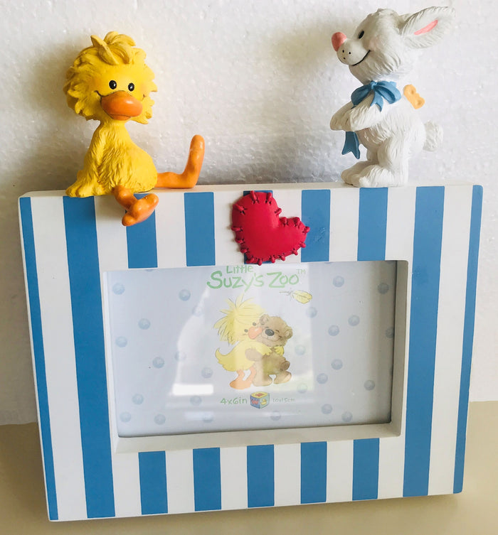 Little Suzy's Zoo Witzy Duck & Lulla Bunny Baby Animals Nursery Keepsake Photo Frame for 4" x 6" Picture Blue White Striped Wilton Industries 2003