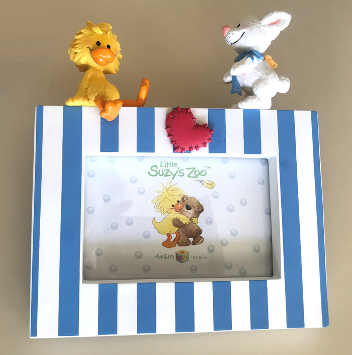 Little Suzy's Zoo Witzy Duck & Lulla Bunny Baby Animals Nursery Keepsake Photo Frame for 4" x 6" Picture Blue White Striped Wilton Industries 2003