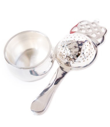 Long-Handled Silver-Plated Tea Strainer with Nest by Harney & Sons — strainer with its matching nest