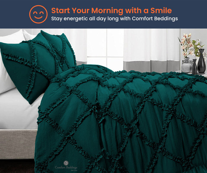 Luxury Teal Diamond Ruffle Comforter Set