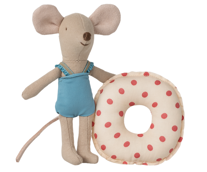 Maileg Little Sister Beach Mouse with Float in Red Dot