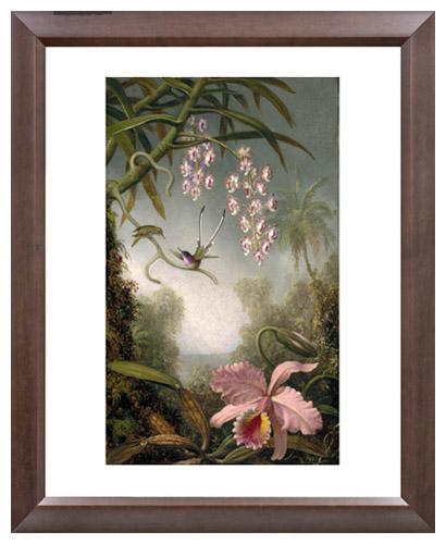 MFA Prints archival replica print of Martin Johnson Heade, Orchids and Spray Orchids with Hummingbirds from the Museum of Fine Arts, Boston collection.
