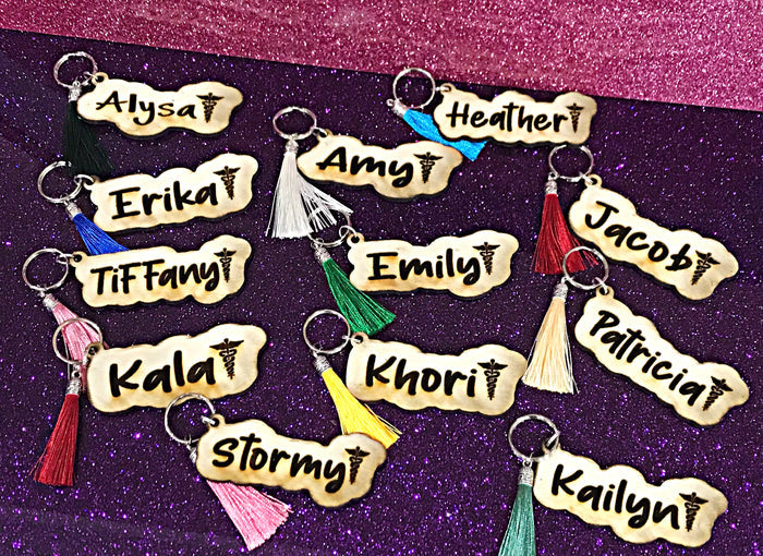 Medical Nurse wood keychain with name and tassel
