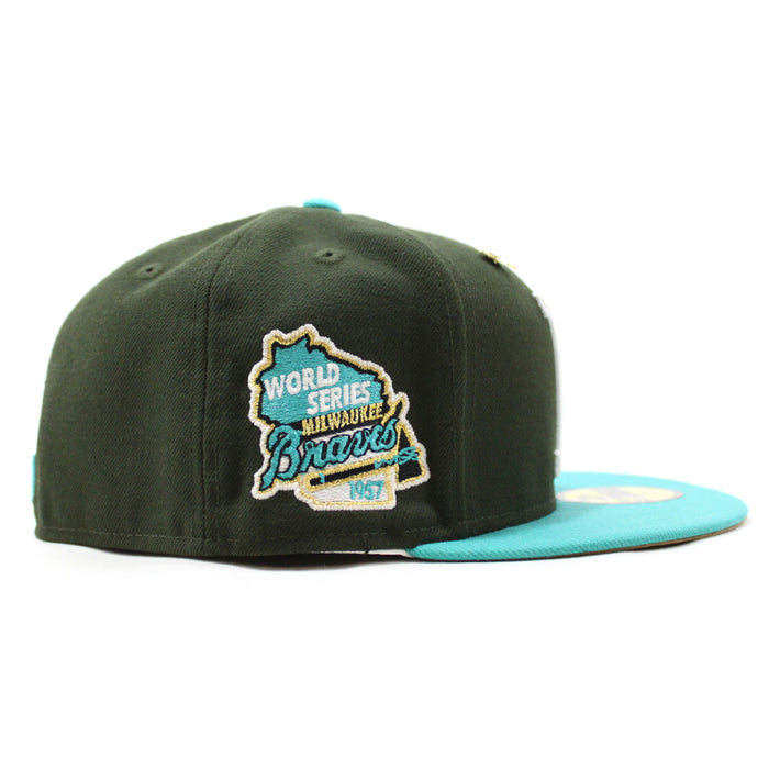 Milwaukee Braves 1957 WORLD SERIES New Era 59Fifty Fitted Hat (Menthol Pack Dark Seaweed Teal Khaki Under Brim)