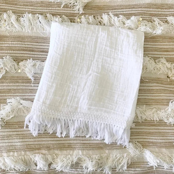 Modern Burlap Organic Cotton Muslin White Fringe Swaddle