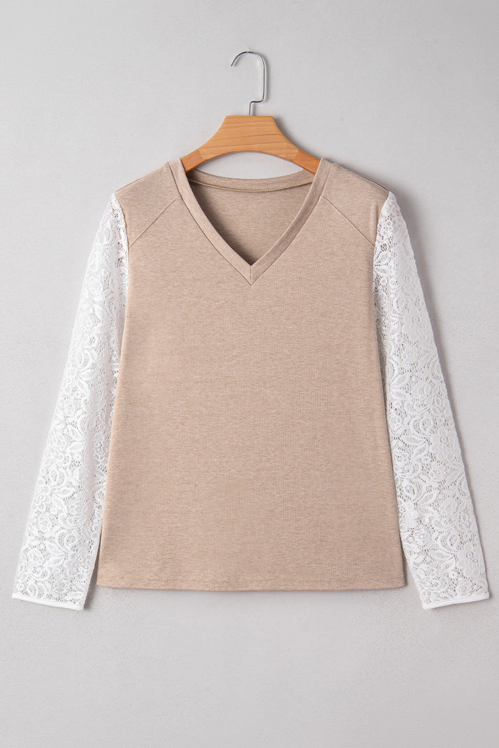 Oatmeal V Neck Contrast Lace Patchwork Long Sleeve Top